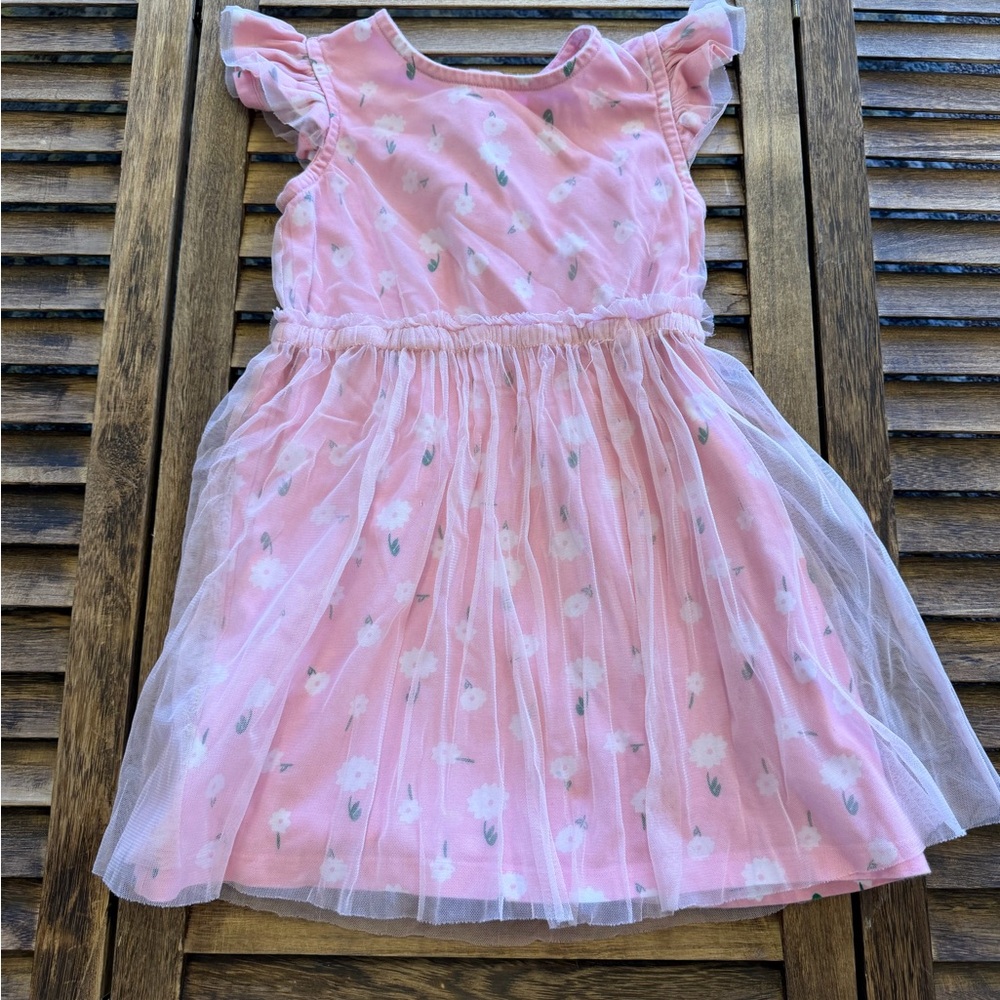 Hanna Andersson Spring Pink Floral Tulle Dress Ruffle Sleeves Size 5 110 cm